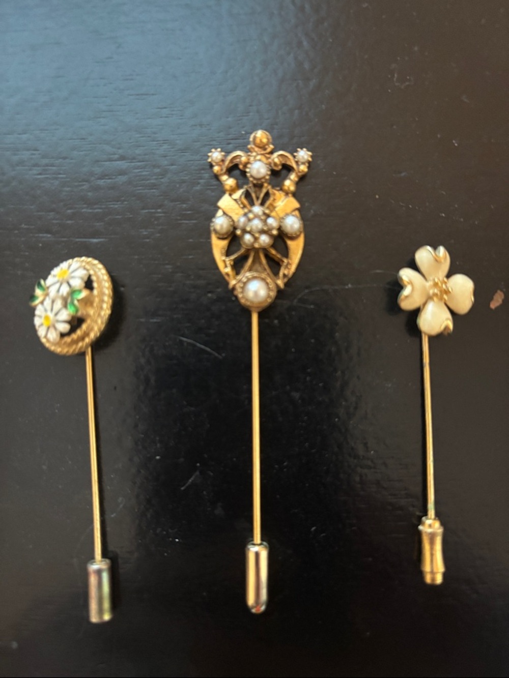 3 Vintage Gold-Tone Floral Stick Pins/hat pins.